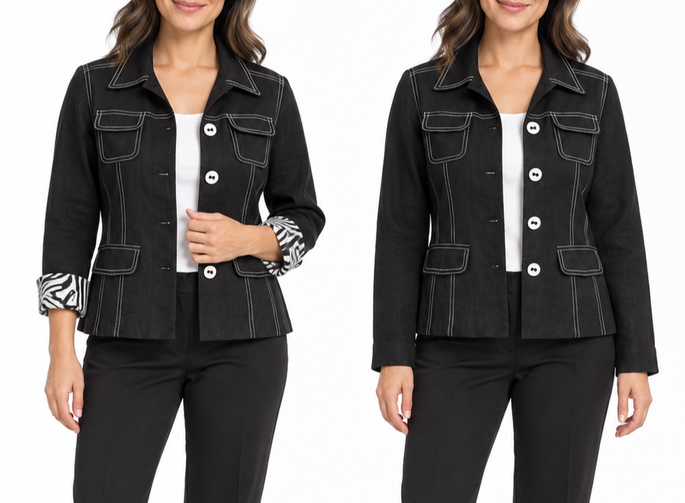 Style & Co Petite 8P black Linen Jacket Zebra Lined Contrast Stitch Y2K